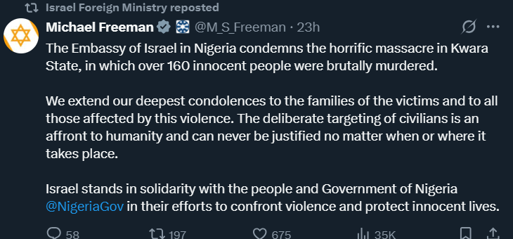 Israele: solidarietà alla Nigeria dopo il massacro di Kwara